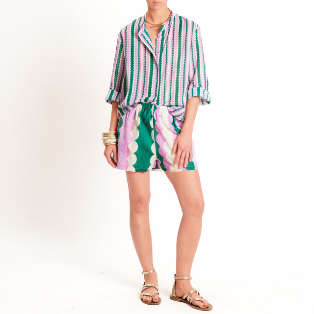 Tensione in-Camicia in mussola fantasia collo coreana - verde/rosa/burro