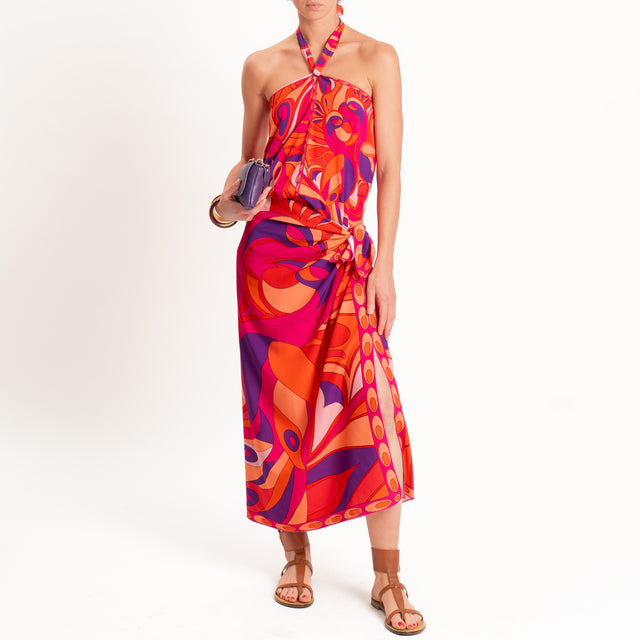 Tensione in-Top scollo halter fantasia optical - corallo/viola/arancio