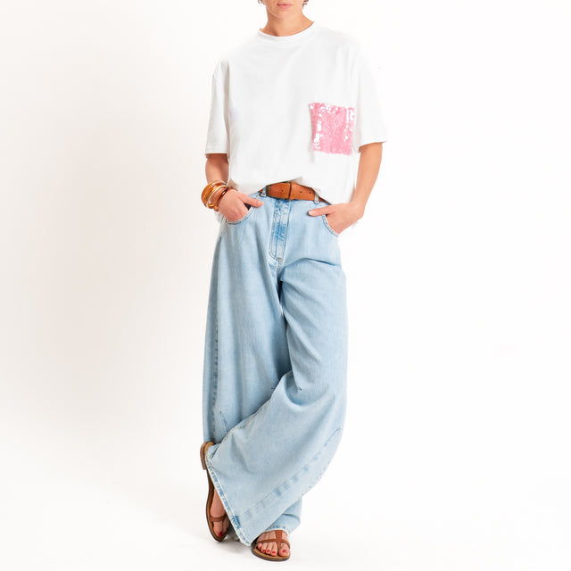 Tensione in-T-shirt taschino paillettes - panna/fucsia