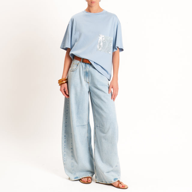 Tensione in-T-shirt taschino paillettes - celeste/celeste
