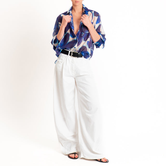 Tensione in-Camicia mussola fantasia fiori - inchiostro/burro/turchese