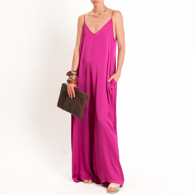Tensione in-Tuta satin doppio scollo v con tasche - berry