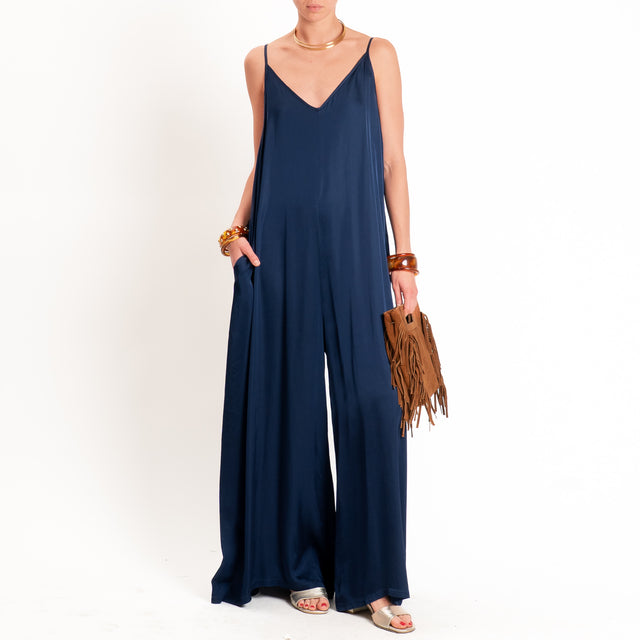 Tensione in-Tuta satin doppio scollo v con tasche - blu