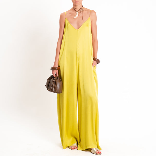 Tensione in-Tuta satin doppio scollo v con tasche - lime