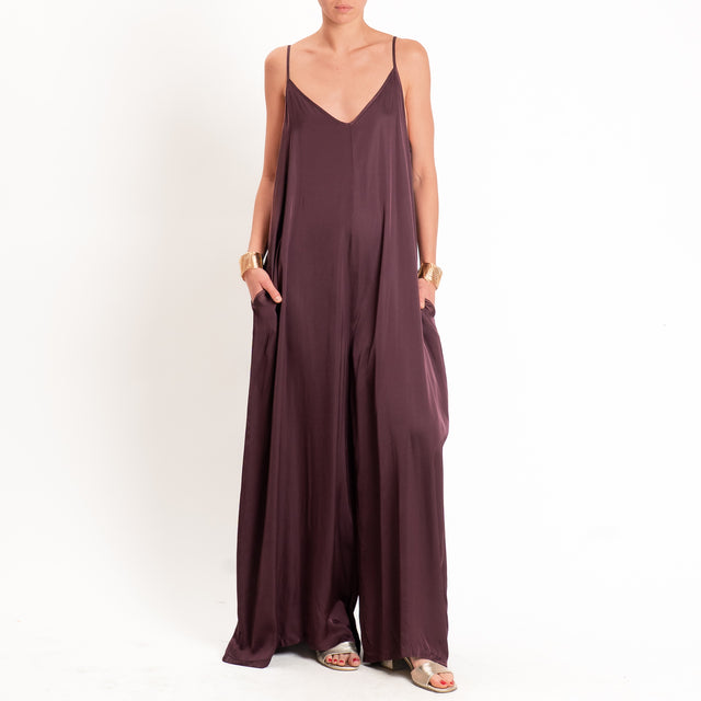 Tensione in-Tuta satin doppio scollo v con tasche - burgundy