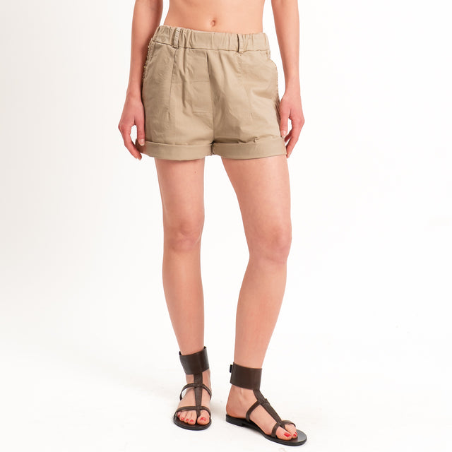 Tensione in-Shorts tasche sfrangiate cotone elasticizzato - sabbia