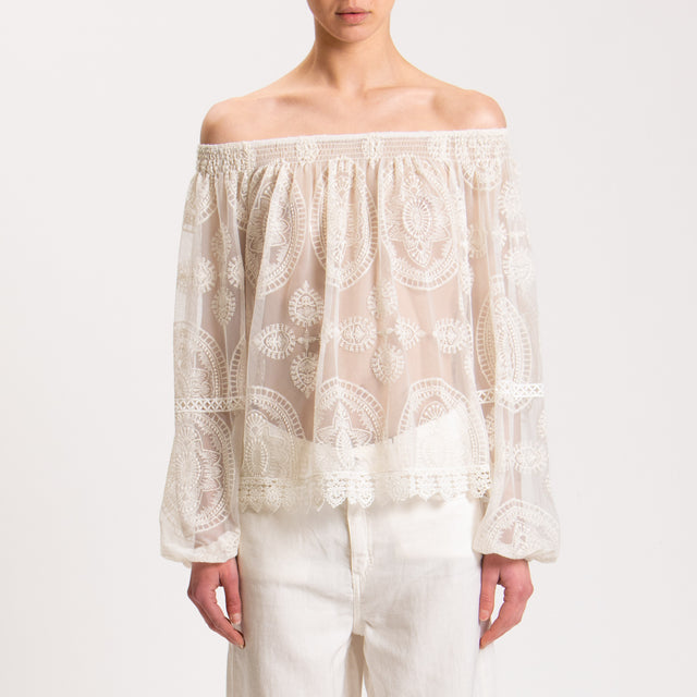 Tensione in-Blusa collo shiffer pizzo macramè - ecru'