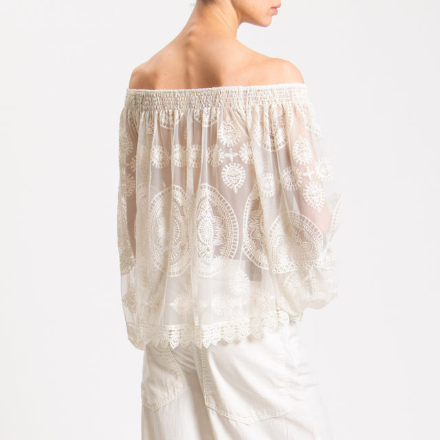 Tensione in-Blusa collo shiffer pizzo macramè - ecru'