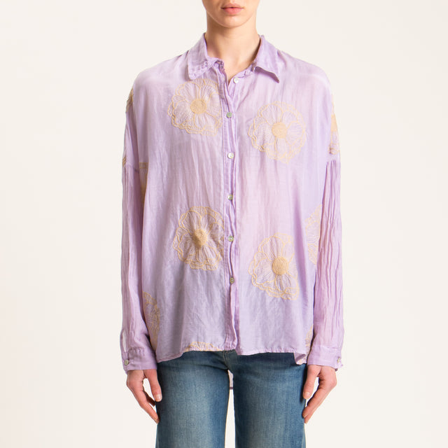Tensione in-Camicia mussola misto seta con ricami - glicine/beige
