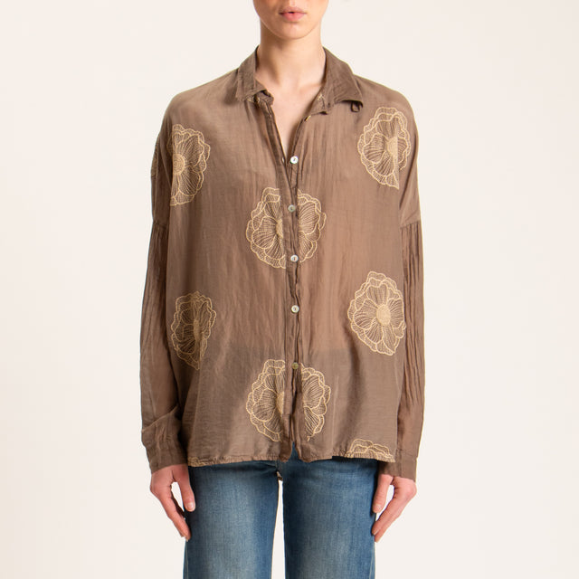 Tensione in-Camicia mussola misto seta con ricami - moka/beige