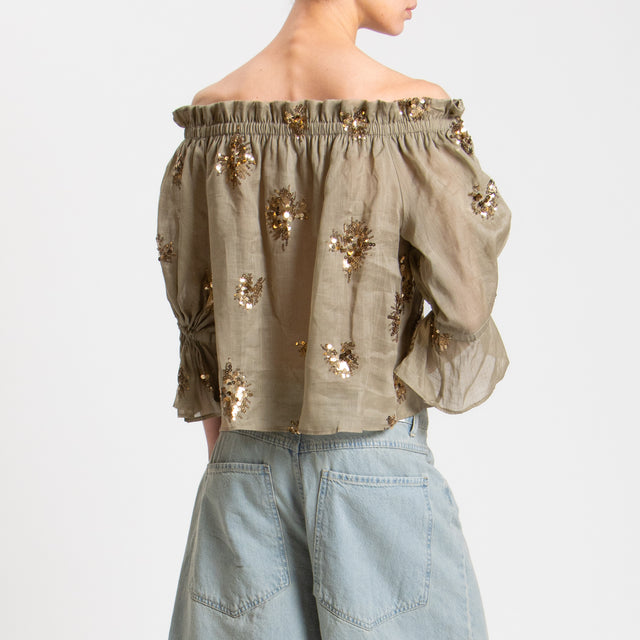 Tensione in-Blusa mussola con paillettes collo shiffer - salvia