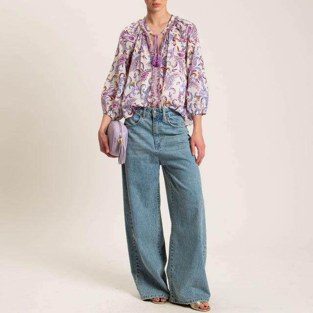 Tensione in-Blusa mussola fantasia con nappine - latte/avio/bouganville