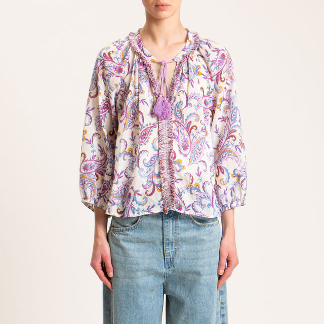 Tensione in-Blusa mussola fantasia con nappine - latte/avio/bouganville