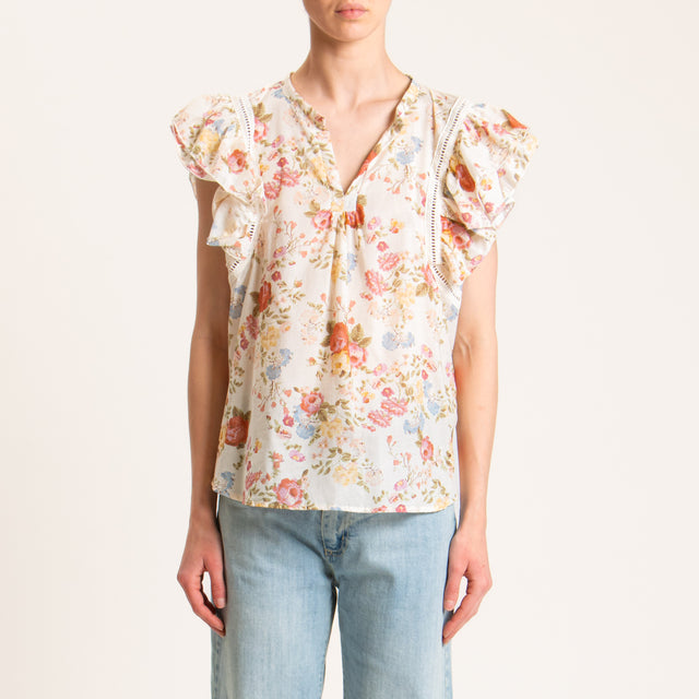 Tensione in-Blusa mussola fantasia floreale - burro/cielo/cherry