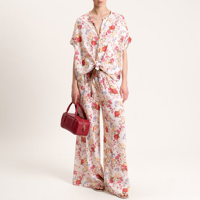 Tensione in-Camicia scollo v fantasia floreale - latte/cherry/peach