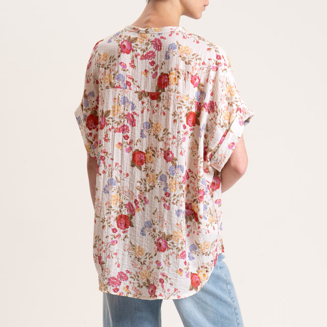 Tensione in-Camicia scollo v fantasia floreale - latte/cherry/peach