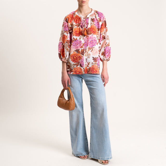 Tensione in-Camicia mussola fantasia fiori - latte/arancio/cioccolato