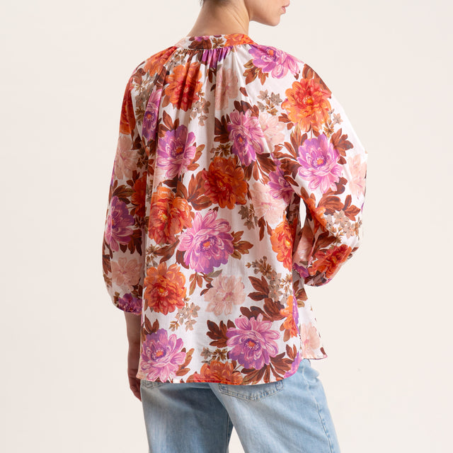Tensione in-Camicia mussola fantasia fiori - latte/arancio/cioccolato