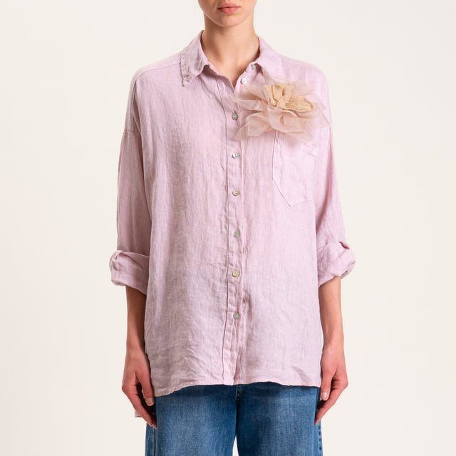 Tensione in-Camicia in lino con spilla fiore - rosa