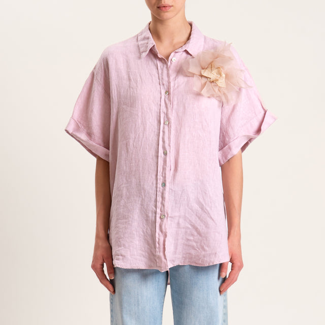 Tensione in-Camicia 100% lino spilla fiore - rosa