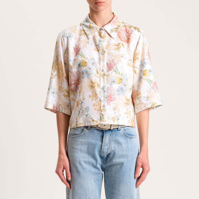 Tensione in-Camicia crop misto lino fantasia floreale - burro/cipria/acqua