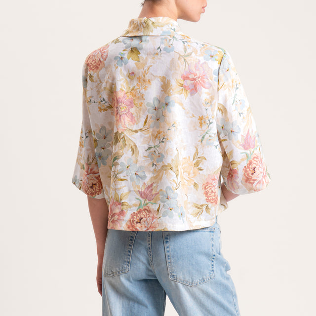 Tensione in-Camicia crop misto lino fantasia floreale - burro/cipria/acqua