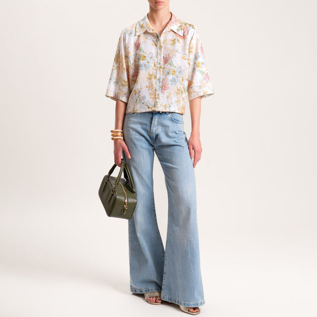 Tensione in-Camicia crop misto lino fantasia floreale - burro/cipria/acqua