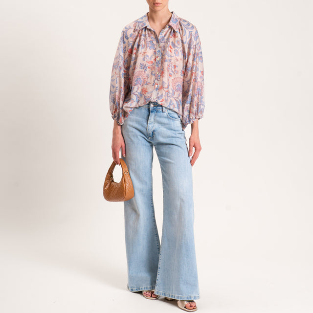 Tensione in-Camicia in mussola lyocell fantasia - sand/azzurro/cherry