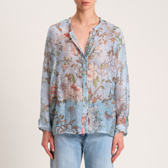 Camisa de muselina de lyocell con estampado floral - azul claro/leche/cuero