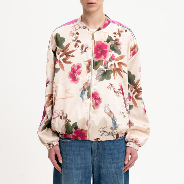 Tensione in-Bomber satin fantasia floreale - burro/fucsia/verde