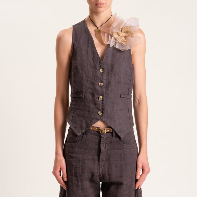 Tensione in-Gilet in lino spilla fiore - moro