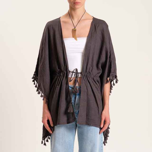 Tensione in-Kimono in lino con nappine - moro