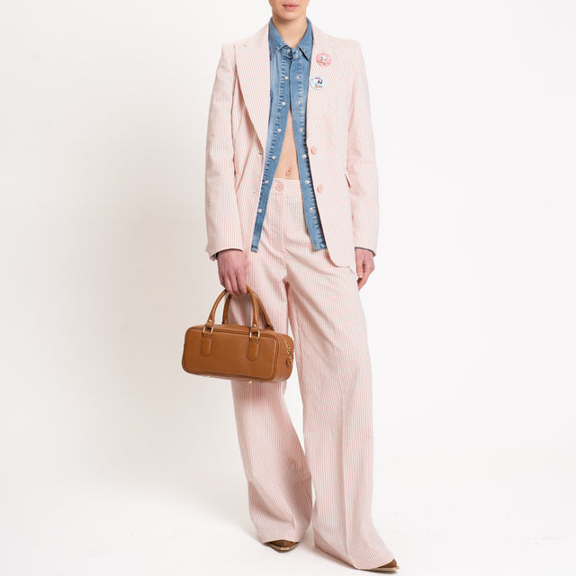 Tensione in-Pantalone a righe elastico dietro tessuto seersucker - cipria