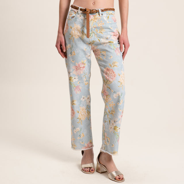 Tensione in-Jeans fantasia floreale cotone elasticizzato - acqua/cipria/sand