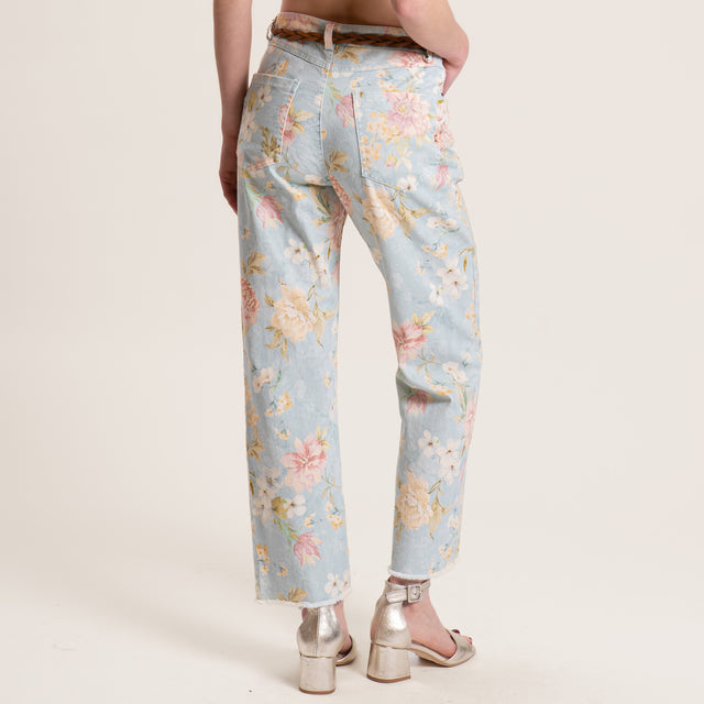 Tensione in-Jeans fantasia floreale cotone elasticizzato - acqua/cipria/sand