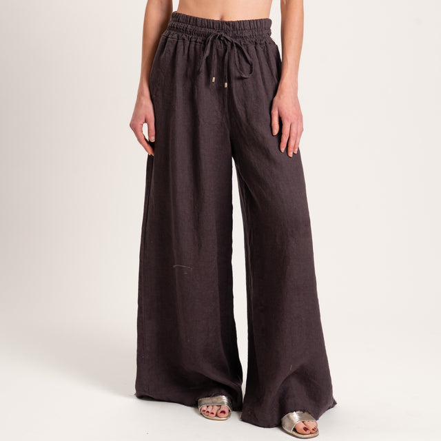 Pantalón 100% lino con cordón ajustable - marrón oscuro