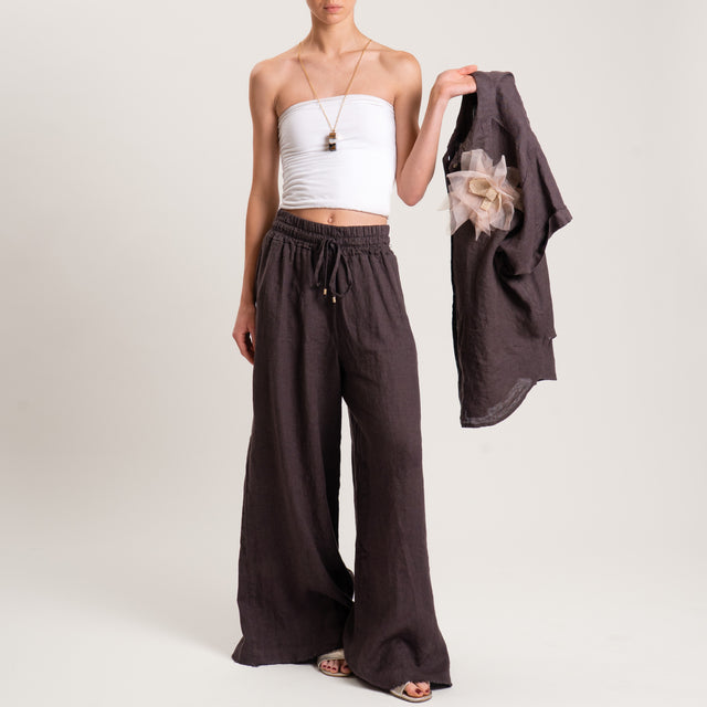 Pantalón 100% lino con cordón ajustable - marrón oscuro