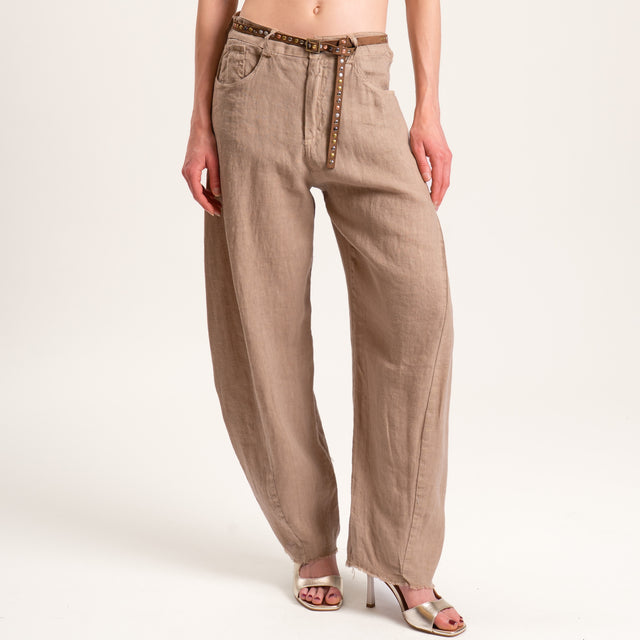 Tensione in-Pantalone barrel 100% LINO con cintura - camel