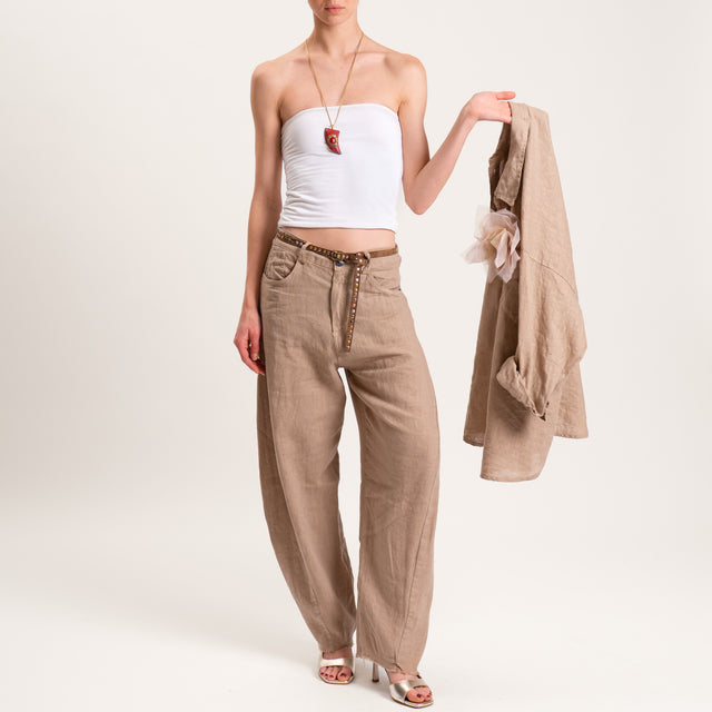 Tensione in-Pantalone barrel 100% LINO con cintura - camel