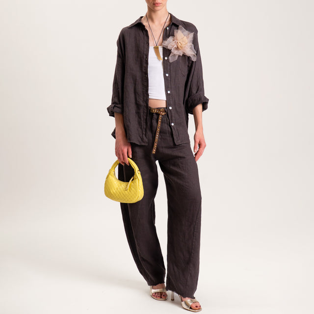 Tensione in-Pantalone barrel 100% LINO con cintura - moro