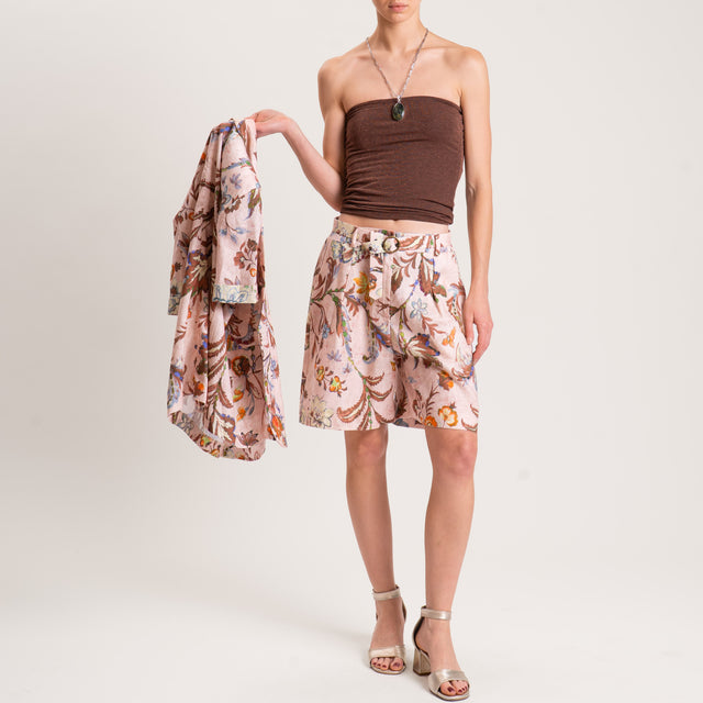 Bermudas de lino mixto con patrón en tensión - rosa/marrón oscuro/verde