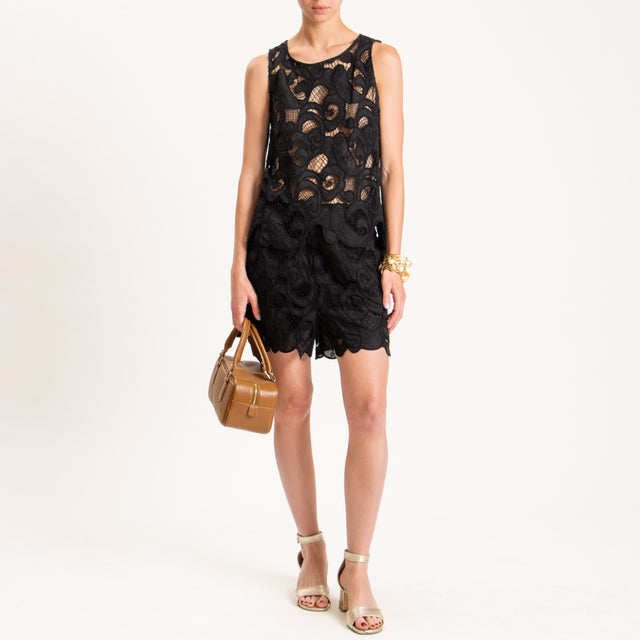 Tensione in-Short pizzo macramè elastico in vita - nero