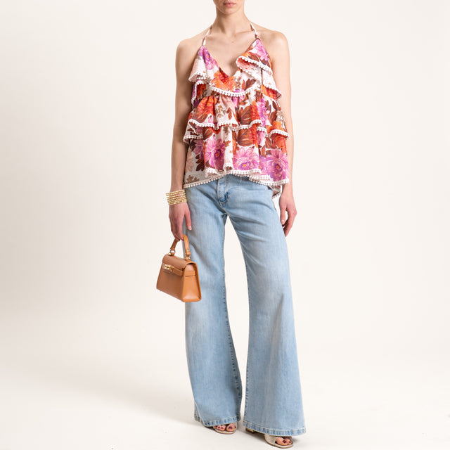 Tensione in-Top mussola fantasia fiori con balze - latte/arancio/cioccolato