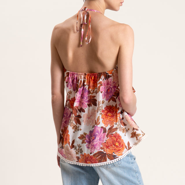 Tensione in-Top mussola fantasia fiori con balze - latte/arancio/cioccolato