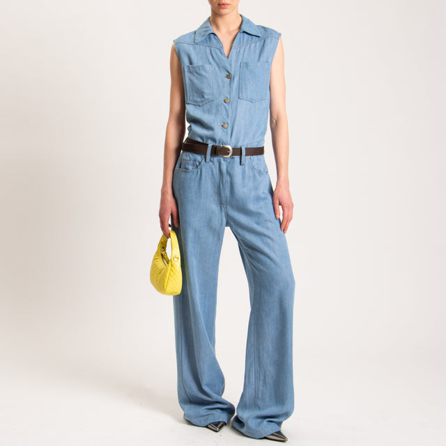Tensione in-Tuta smanicata chambray con cintura - celeste