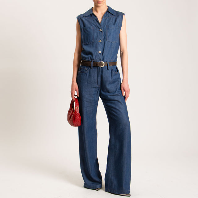 Tensione in-Tuta smanicata chambray con cintura - blu