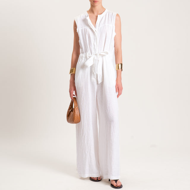 Tensione in-Tuta lino smanicata con coulisse - bianco