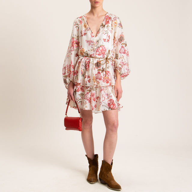 Tensione in-Abito mussola fantasia floreale con balze - burro/cherry/militare