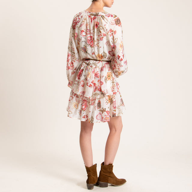 Tensione in-Abito mussola fantasia floreale con balze - burro/cherry/militare