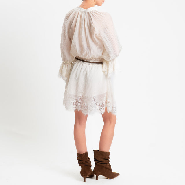 Tensione in-Abito mussola goffrato elastico in vita con pizzo - panna